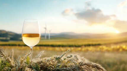 A glass of white wine is sitting on a grassy hillside