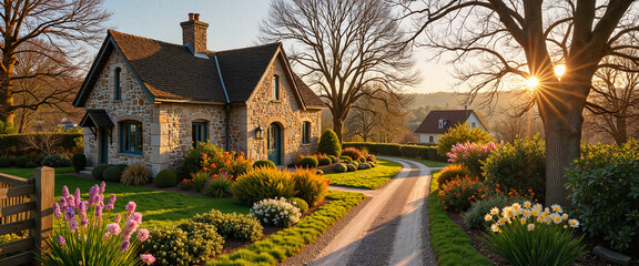 Charming stone cottage surrounded by vibrant spring blooms, rustic tranquility