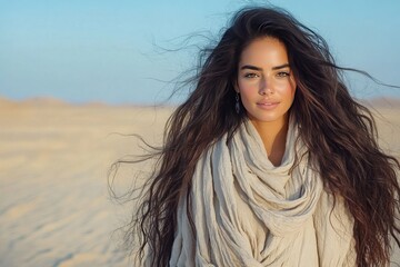 Fototapeta premium A desert woman with wind-swept hair. Generative AI