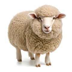 Fototapeta premium Adorable Close-up of a Fluffy Sheep with Soft Wool, Standing Gracefully Against a White Background, Showcasing Its Gentle Expression and Soft Texture, Perfect for Animal and Farm Lovers