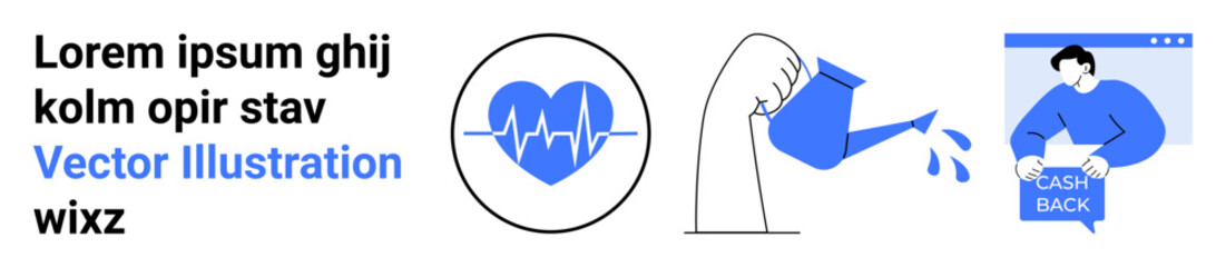 Heartbeat icon, hand pouring water from a can, person holding cashback offer. Ideal for health, wellness, finance, gardening, savings, e-commerce, web design projects. Landing page