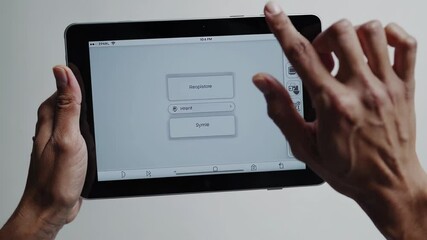 Hands navigating a minimal app interface on a tablet, highlighting ease of use and simplicity.