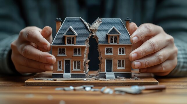 Hands hold model house split in two divorce. Broken pieces represent property division. Legal issue financial settlement may involved. Possible conflict. Family dispute over assets apparent. Shows