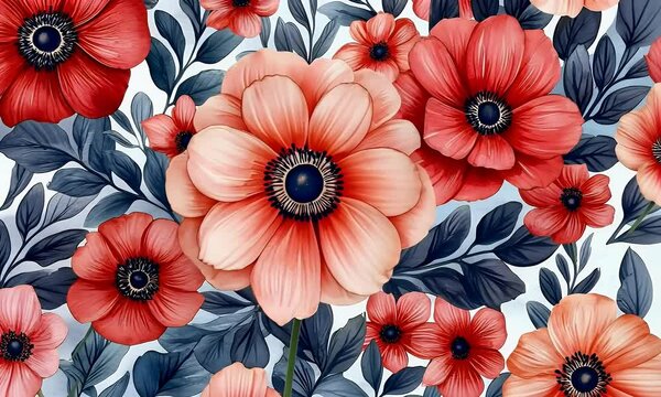 Red pink anemone floral pattern background design