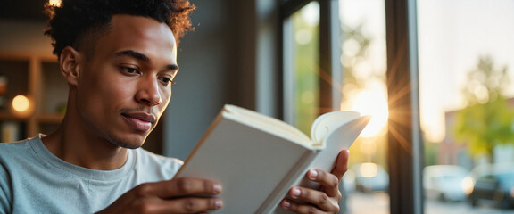 Young man reading book by window at sunset, pursuing knowledge
