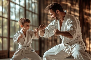 A parent and child learning karate side by side in a dojo