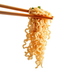 Chinese chopsticks picking up noodles or ramen isolated on white background or transparent background. Cutout. Asian food.