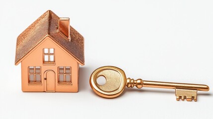 A golden key next to a miniature house symbolizes homeownership and security.