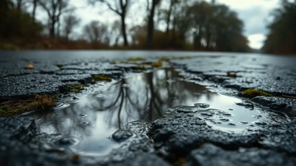 Obraz premium A puddle reflects the blurred trees lining a cracked roadway after a rain shower.