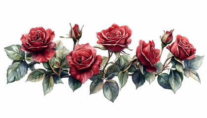 Dark red roses, floral arrangement, white background, wedding invitation