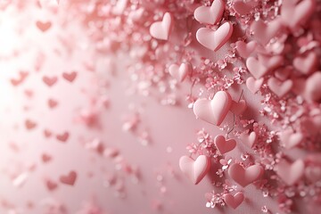 Fototapeta premium Cute pink pastel background with hearts for Valentine's Day or Mother's Day greeting card. Flat design vector illustration with soft lighting and high detail.