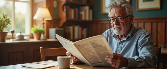 Senior man reading newspaper calmly at cozy home, leisurely morning