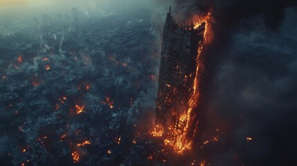 Obraz premium Towering Inferno: Skyscraper Ablaze in a Burning City - made with Generative AI