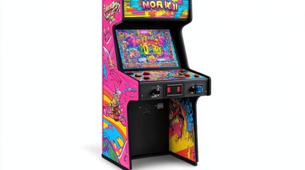 A retro arcade game cabinet with vibrant neon graphics and a joystick, standing against a pure white background, emphasizing its classic design.