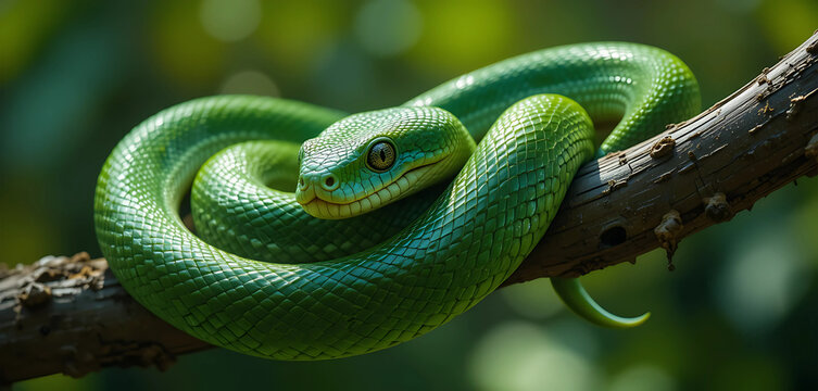 Snake
"A sleek, emerald-green snake coils elegantly around a twisted tree branch, its smooth scales glinting under dappled sunlight.