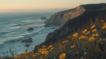 Coastal Sunset Serenity: Wildflowers Bloom Overlooking the Pacific Ocean