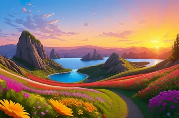 Fototapeta premium Beautiful and Peaceful Nature Scenery Illustration Landscape Countryside Tranquil Vibrant and Colorful
