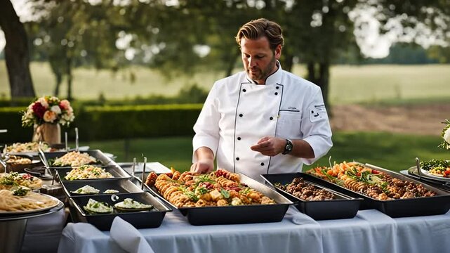 Chefs at a catering service for a wedding.