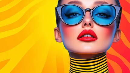 Glamorous woman with vibrant makeup, blue cat-eye sunglasses, and a bold yellow and black striped collar against a colorful abstract background.