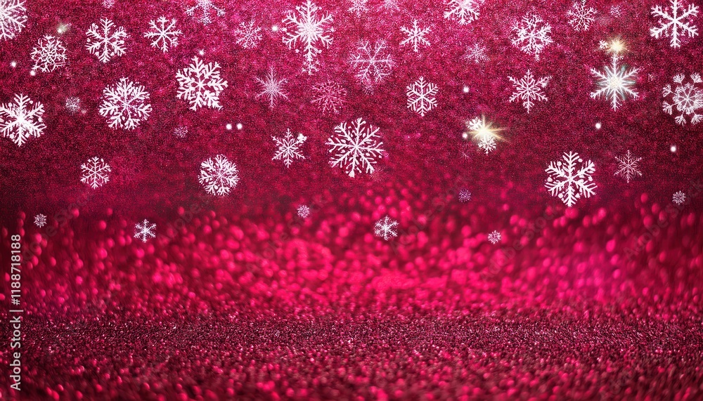 Poster sparkling red festive background with white snowflakes, glitter texture, and soft light bokeh for ho