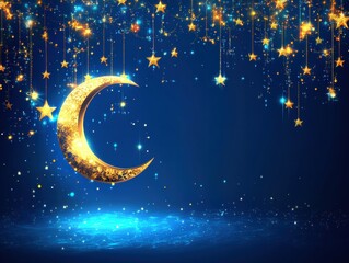 Naklejka premium Golden Crescent Moon and Sparkling Stars Night Sky Festive Background.