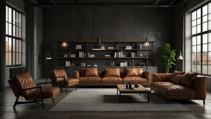 Living room interior in loft, industrial style, 3d render
