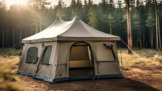Army tent in the forest.