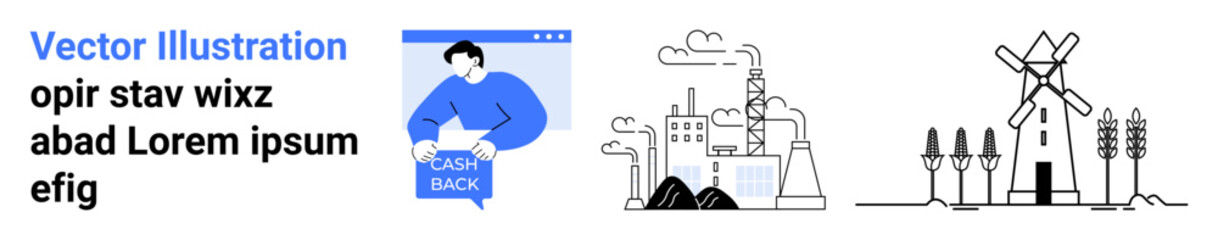 Cashback feature representation, industrial plant with smokestacks, and windmill with trees. Ideal for financial apps, industrial websites, environmental themes, infographics, educational materials