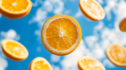 青空に舞う新鮮なオレンジの輪切り