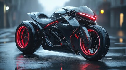 Obraz premium Futuristic Black Motorcycle Rain City Setting