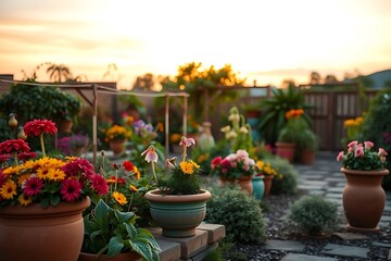 Fototapeta premium Flower garden with colorful flowers in terracotta pots beautiful floral nursery with copy space