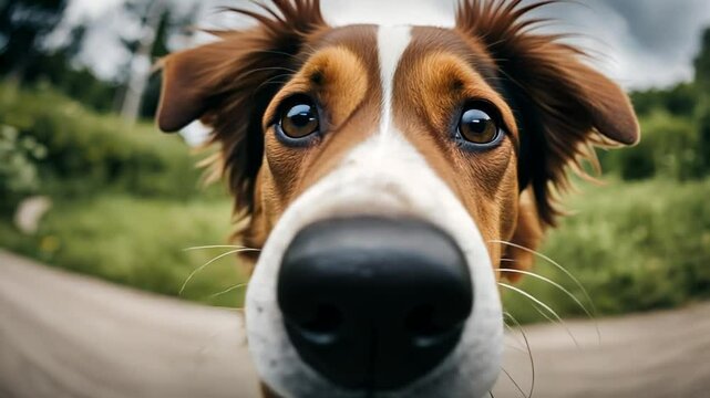 Fish eye view of a dog.