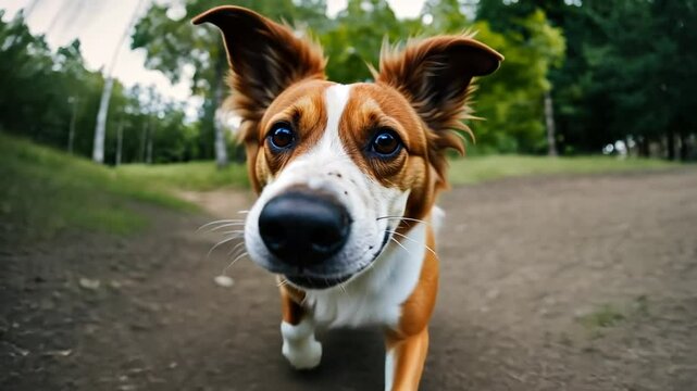 Fish eye view of a dog.