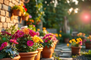 Fototapeta premium Flower garden with colorful flowers in terracotta pots beautiful floral nursery with copy space