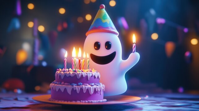 ghost wearing a colorful party hat joyfully holds a birthday cake adorned with lit candles. The scene combines spooky charm with festive celebration, banner, web, design, poster, flyer