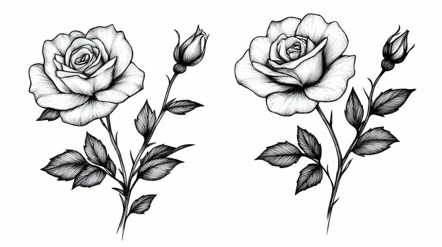 Two roses, bud, leaves, sketch, design, tattoo