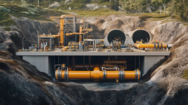 Industrial Plant Complex: Underground Tunnel System and Processing Facility CGI work pipes steel