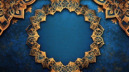 Elegant Golden Mandala Design on Blue Textured Background: Luxury Ornate Frame for Invitation or Card.