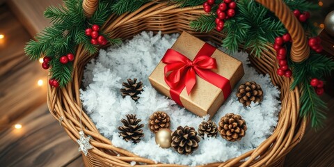 A wicker basket filled with artificial snow, pine cones, evergreen boughs with red berries, and a wrapped gift with a red ribbon.