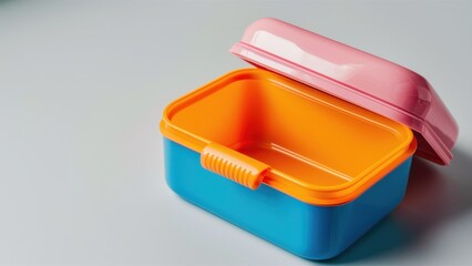 Colorful plastic food containers, Stacked lunchboxes, Bright blue and orange containers, Pink lid, Minimalist kitchen storage, Clean geometric shapes, Soft lighting, Textured background, Close-up prod