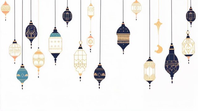 Ramadan Lanterns: A Festive Animation of Hanging Ornaments on a Clean White Background