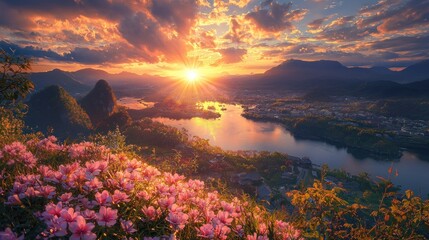 Naklejka premium Stunning Sunset Over Mountains River and Blossoming Flowers Landscape Photography