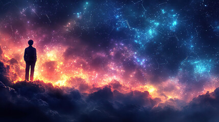 Obraz premium Man contemplating a starry sky with illuminated clouds and vibrant colors in a surreal landscape. Generated with AI.