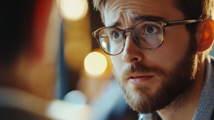 Young Man with Glasses, Confused Expression, Indoor Setting