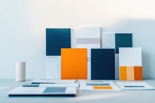 Printed product catalogs, marketing materials arranged on conference table. Different color palettes, brand identity designs visible. Materials showcase professional business presentation focused on
