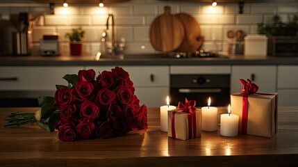 Lit candles, a bouquet of roses, and stylishly wrapped gift boxes on a wooden kitchen table, creating a cozy and festive Valentine's atmosphere.