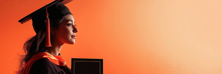 Proud female graduate holds diploma. Looks attentively at achievement. Graduation gown, cap clearly visible. Orange hues highlight moment of success. Bright colors, copy space. Confident graduate