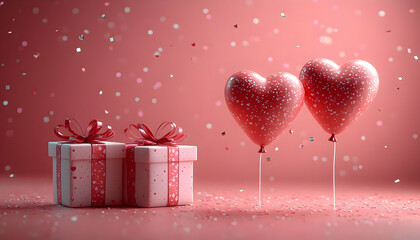 Fototapeta premium Romantic heart balloons, gifts, confetti