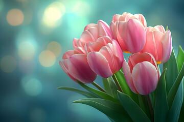 Pink tulips bouquet, bokeh background, spring, greeting card