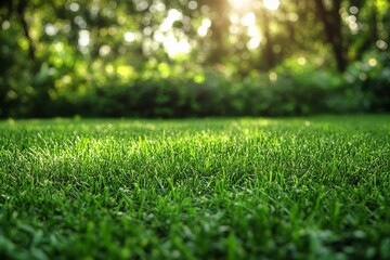 Naklejka premium Lush green lawn with short grass, ideal for a soccer field background, featuring copy space on the right for web banner design.